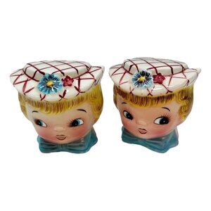 Vintage Salt & Pepper Set Two Girls Plaid Hats Ceramic Japan1950s
